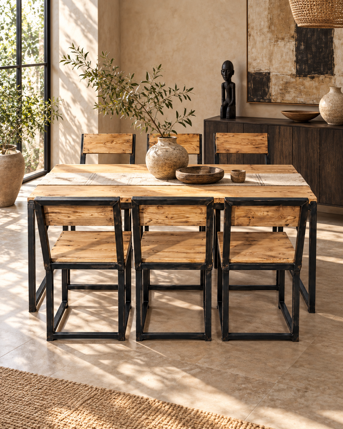 Pallet wood outdoor table from Kenya with a black metal frame and six matching timber chairs in a sunlit room