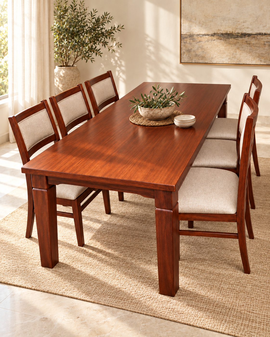 Rectangular mahogany-toned dining table handcrafted in Kenya, set with six pale upholstered chairs on a jute rug