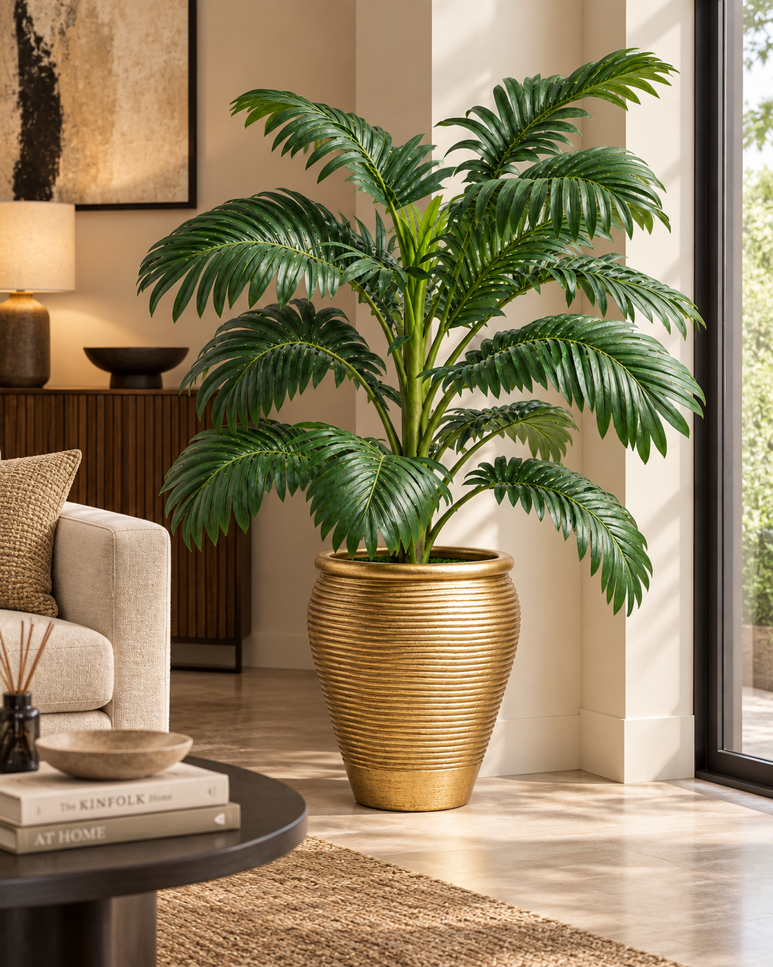 Tall ribbed clay planter in warm gold, handcrafted in Kenya, holding a large green palm beside a sunlit window