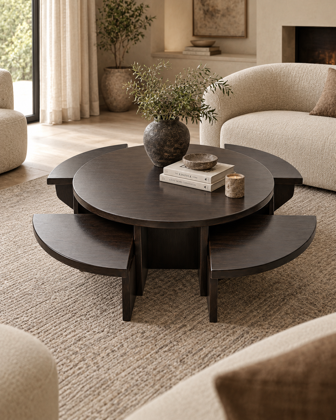 Round dark coffee table handcrafted in Kenya with four curved stools tucked beneath, on a woven rug in a neutral living room