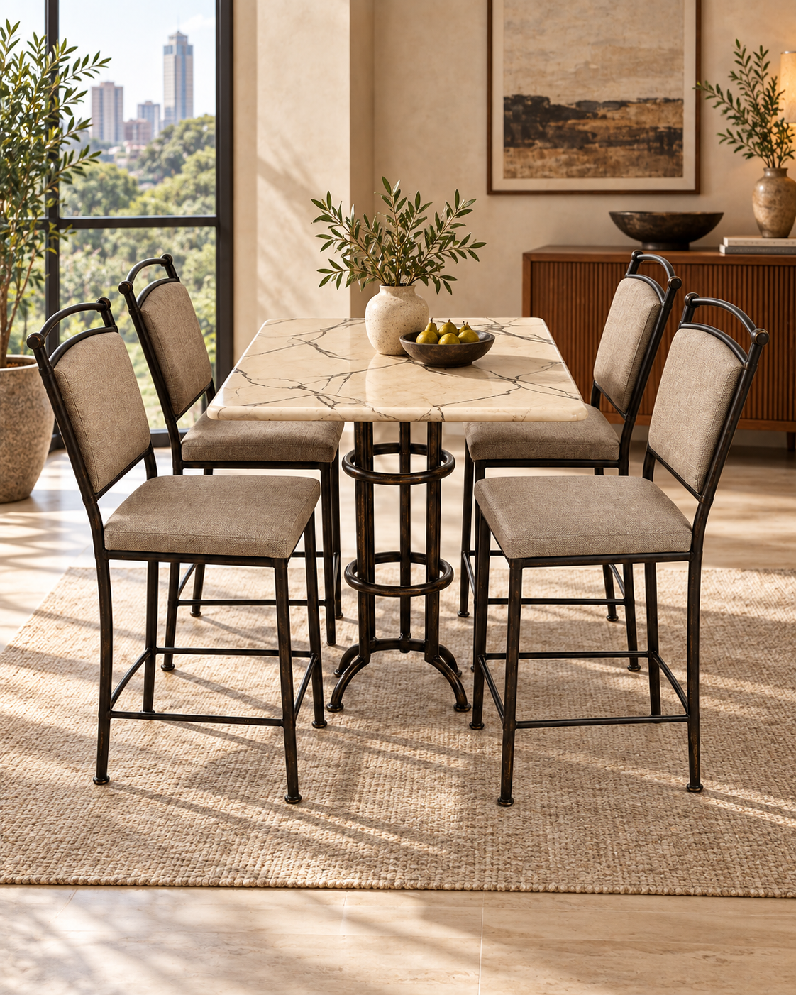 Counter-height dining table from Kenya with a dark forged metal pedestal and pale veined top, set with four upholstered stools