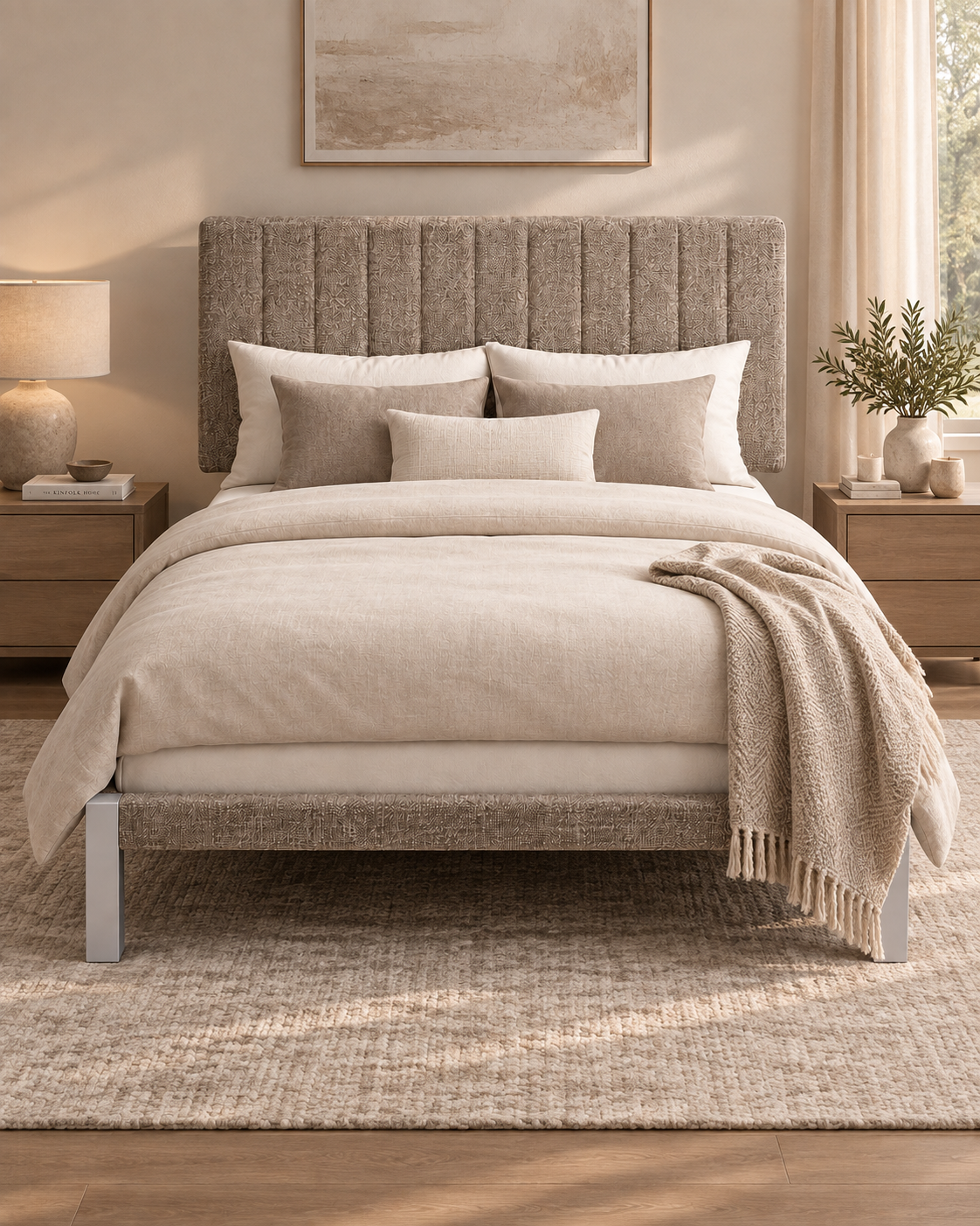 Upholstered bed handmade in Kenya with a tall channel-stitched greige headboard, pale legs and cream bedding in a sunlit bedroom