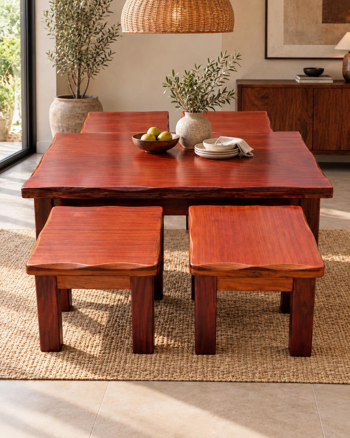 Low red mahogany dining table handcrafted in Kenya, wavy-edged top with four matching stools on a jute rug