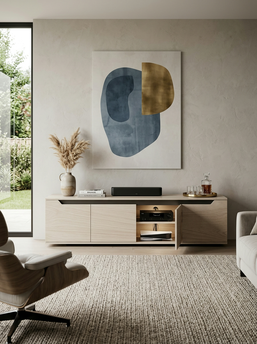 Long low pale board sideboard handmade in Kenya, with handleless doors, an open media bay and a soundbar on top
