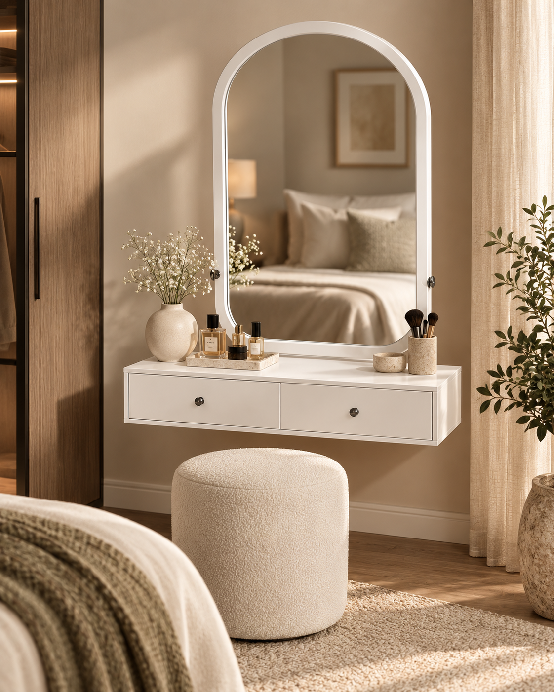 White wall-mounted dressing table handcrafted in Kenya, with two knobbed drawers and an arched mirror in a warm bedroom