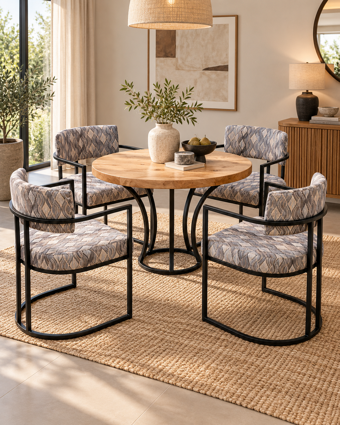 Kenyan dining set with round cyprus table and four black metal chairs in patterned grey fabric on a woven rug