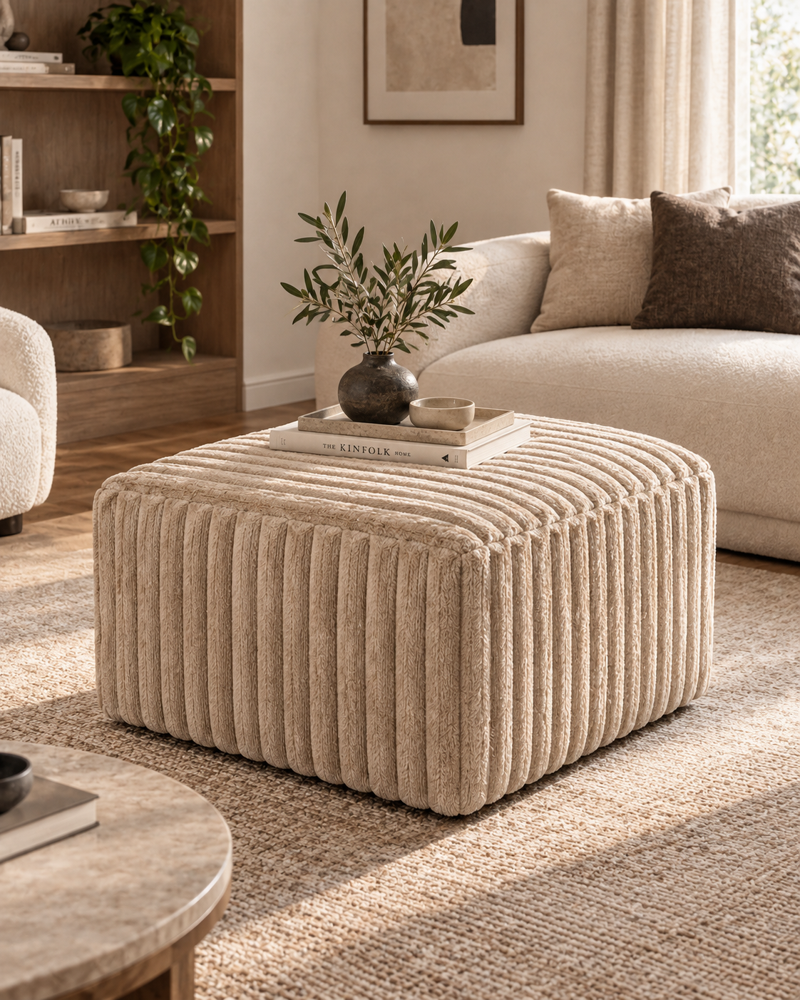 Square oatmeal upholstered ottoman table handcrafted in Kenya, ribbed in vertical channels, holding books and a dark vase