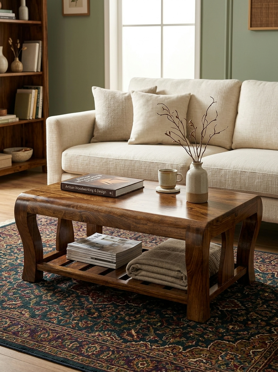 Mid-brown wooden coffee table handmade in Kenya, with scrolled legs and slatted shelf holding magazines, on a patterned rug