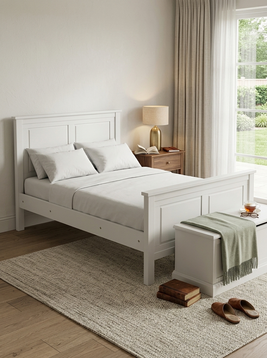 White panelled bluegum bed handcrafted in Kenya, with low headboard, closed footboard and square posts on a wool rug