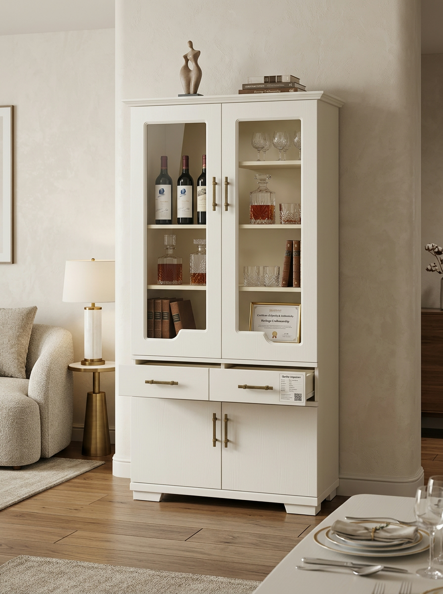 Tall off-white display cabinet handcrafted in Kenya, glazed upper doors holding glassware and books above two drawers and closed cupboards