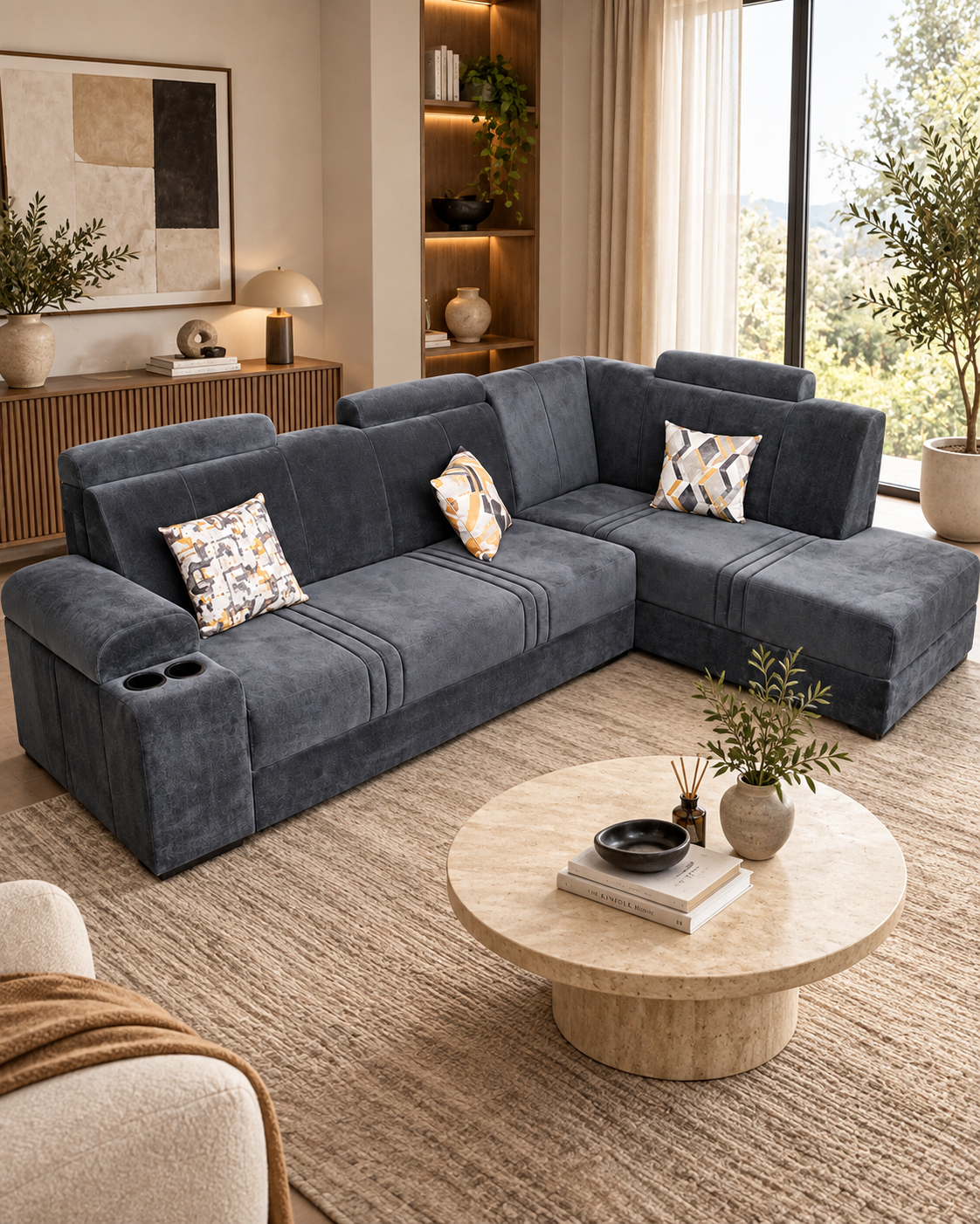 Charcoal L-shaped sectional sofa handcrafted in Kenya, with channelled seats, bolster backrests and patterned cushions