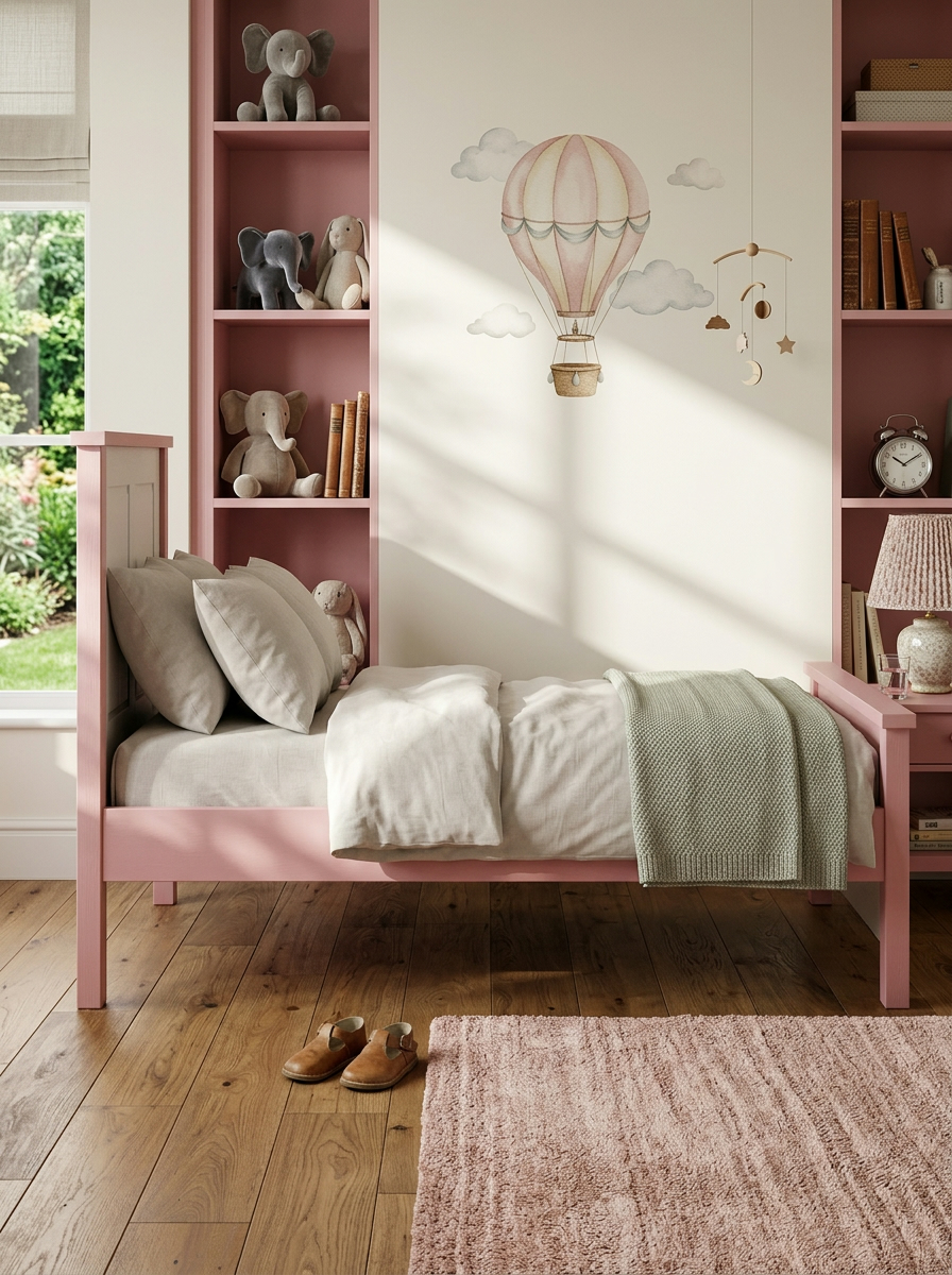 Dusty pink painted single bed handcrafted in Kenya, panelled headboard and low footboard, dressed in linen bedding on a wooden floor