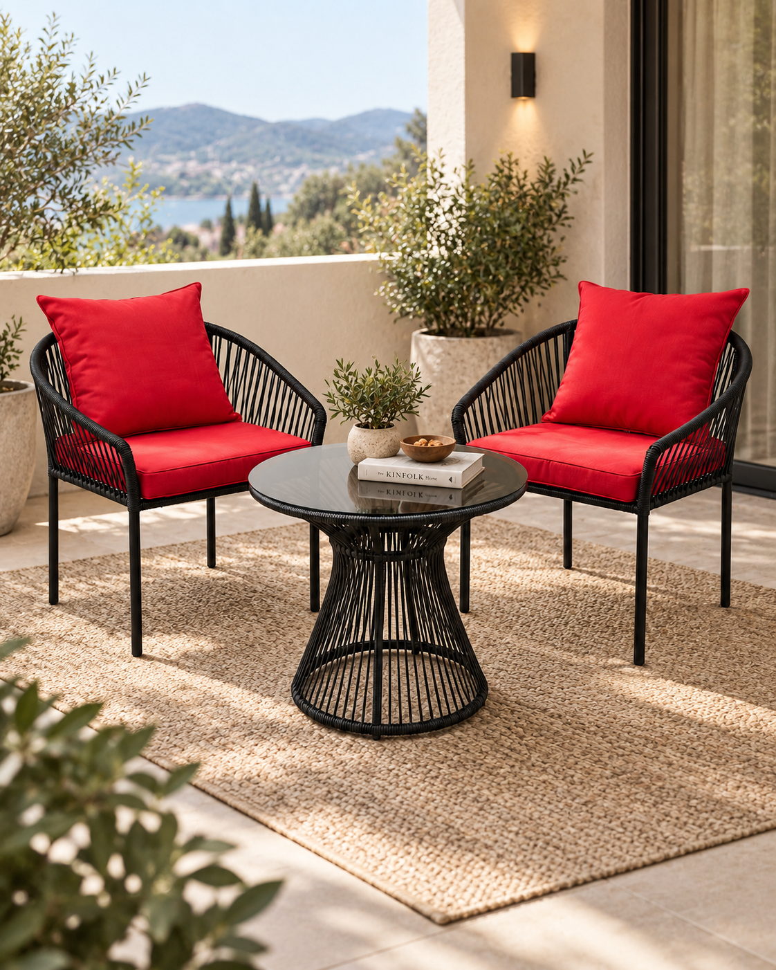 Outdoor seating set from Kenya: two black cord-wrapped metal armchairs with red cushions beside a round ribbed table on a terrace