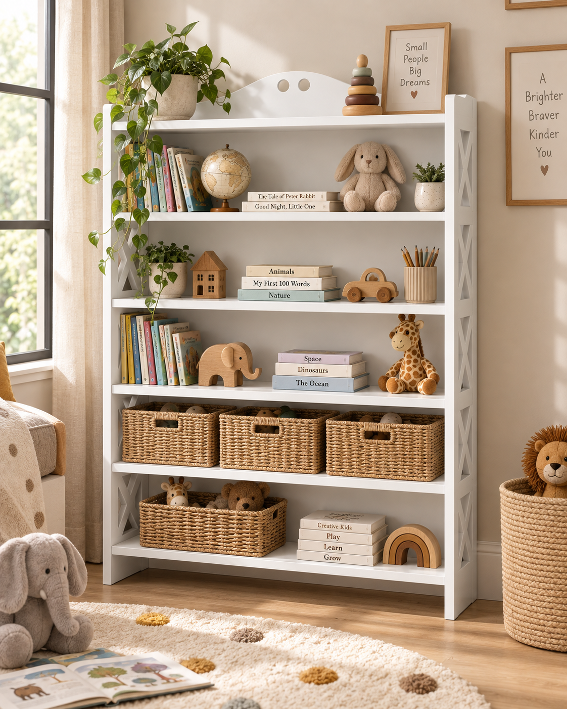 Tall white five-tier shelf handcrafted in Kenya, arched crest and cross-braced sides, holding books, woven baskets and toys