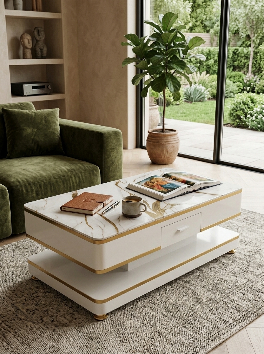 Rectangular marble coffee table handcrafted in Kenya, gold-veined white top, gold edge banding, drawer and lower shelf on a rug