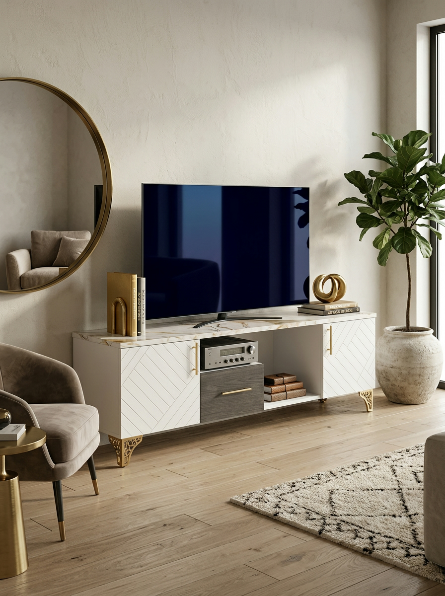 Low white media sideboard from Kenya with chevron doors, veined top and gold legs, holding a television in a sunlit living room