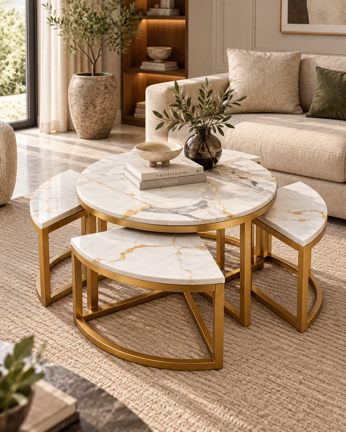 Round marble nesting coffee table from Kenya with pale veined tops and gold metal frames, styled in a living room