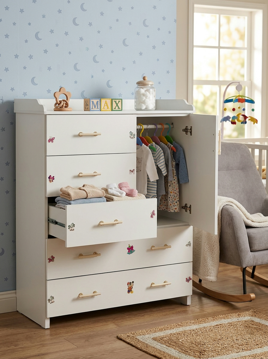 White nursery storage unit handcrafted in Kenya, with open drawer, hanging cupboard of baby clothes and pale wood handles