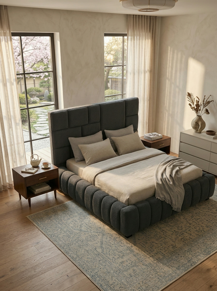 Charcoal upholstered bed handcrafted in Kenya, with a padded grid headboard and channelled base, dressed in pale linen bedding