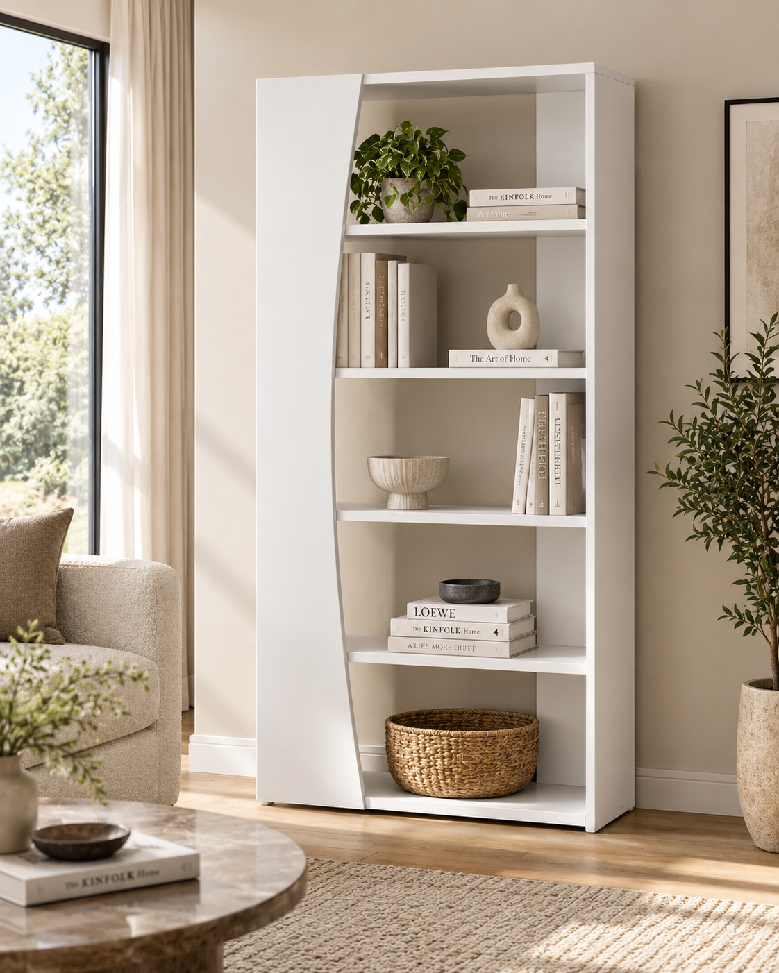 Tall white cyprus wood shelf handcrafted in Kenya, with a curved side panel and five tiers holding books, ceramics and a basket