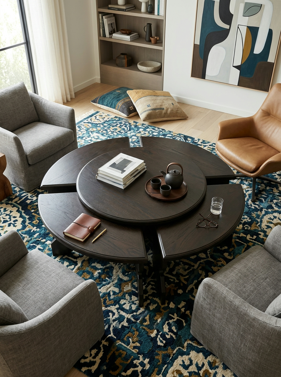 Round dark-toned coffee table handcrafted in Kenya, raised centre disc with four curved ledges, set on a blue patterned rug between grey chairs