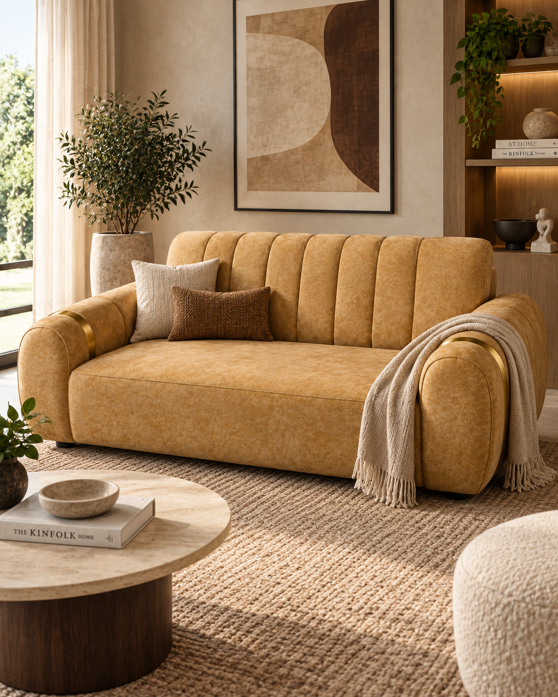 Ochre-gold five seater sofa handcrafted in Kenya with a channelled back, rounded arms and brass bands, on a woven jute rug