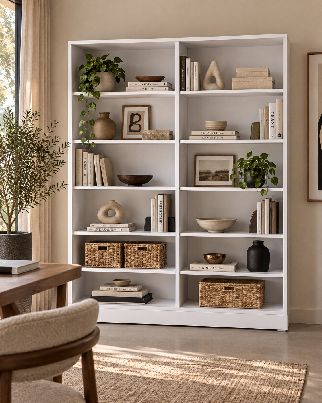 Tall white two-bay shelving unit handcrafted in Kenya, styled with books, ceramics, woven baskets and plants