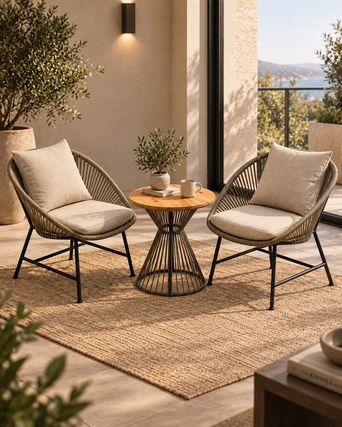 Two cord-wrapped outdoor chairs from Kenya with black metal legs and cream cushions on a sunlit terrace beside a round table