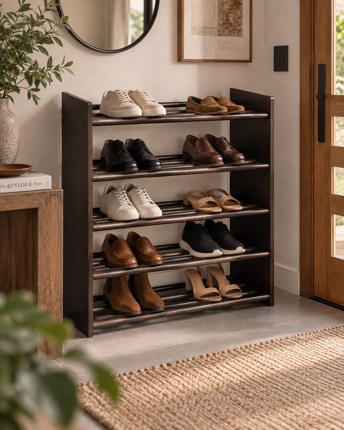 Dark-stained five-tier wooden shoe rack from Kenya with slatted shelves, holding shoes in a bright entryway by a door
