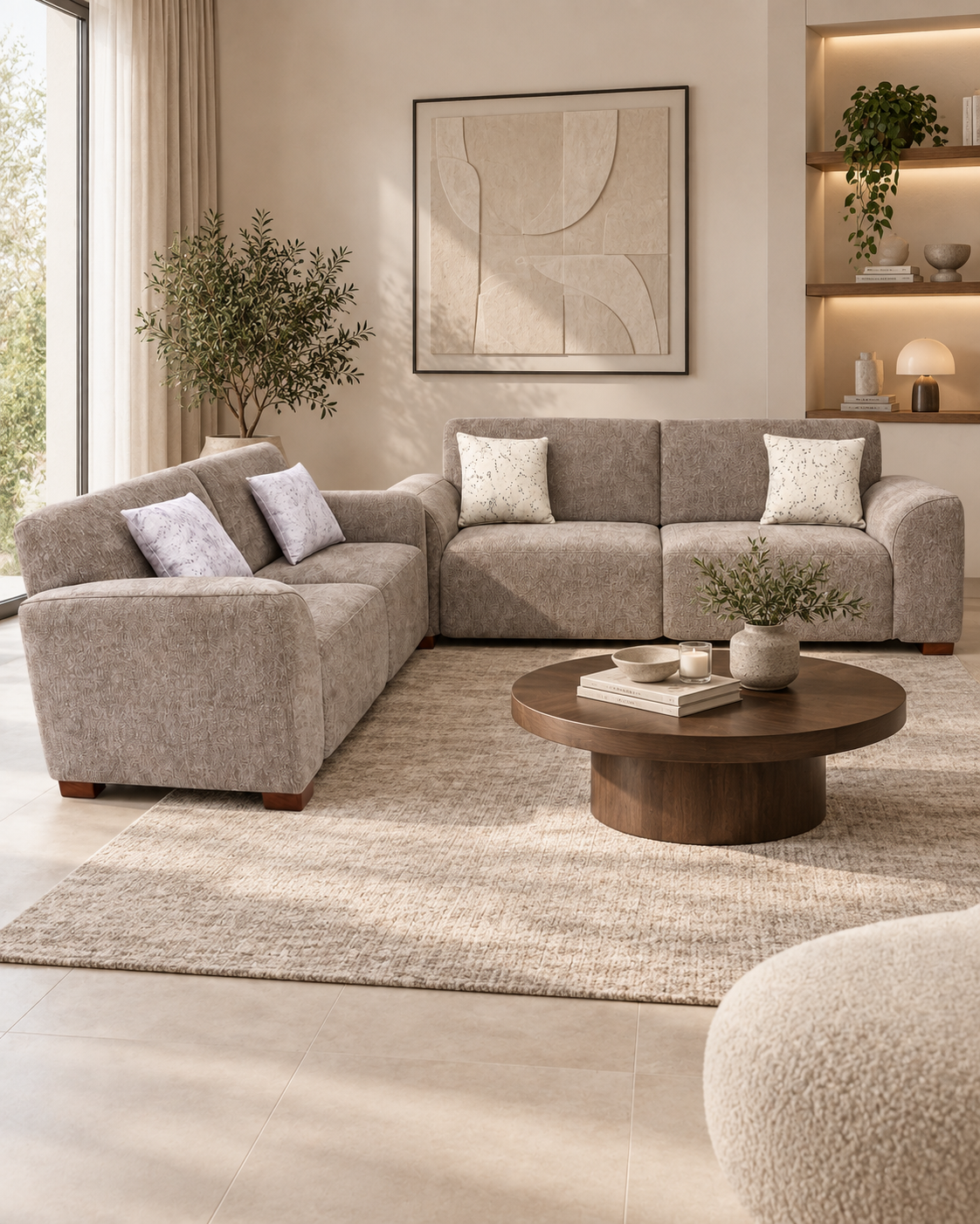 L-shaped grey-taupe fabric sectional sofa handcrafted in Kenya, with low rounded arms and dark wood feet, in a neutral sunlit living room