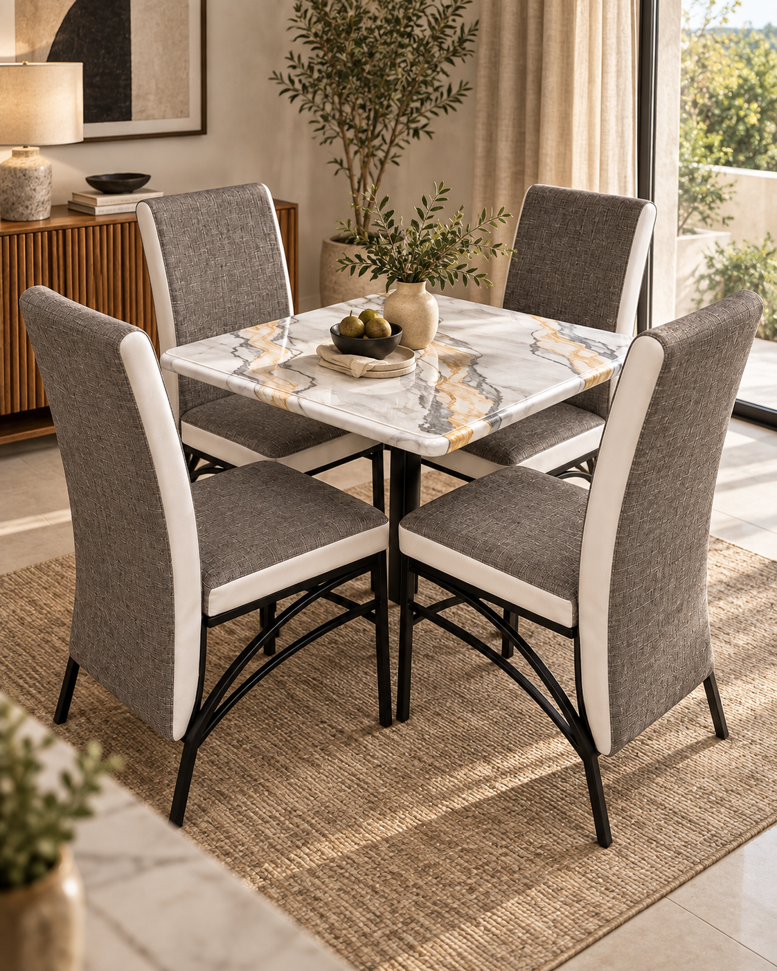 Four-seat dining set handcrafted in Kenya, with a square veined stone-look top, black metal arched legs and grey upholstered high-back chairs