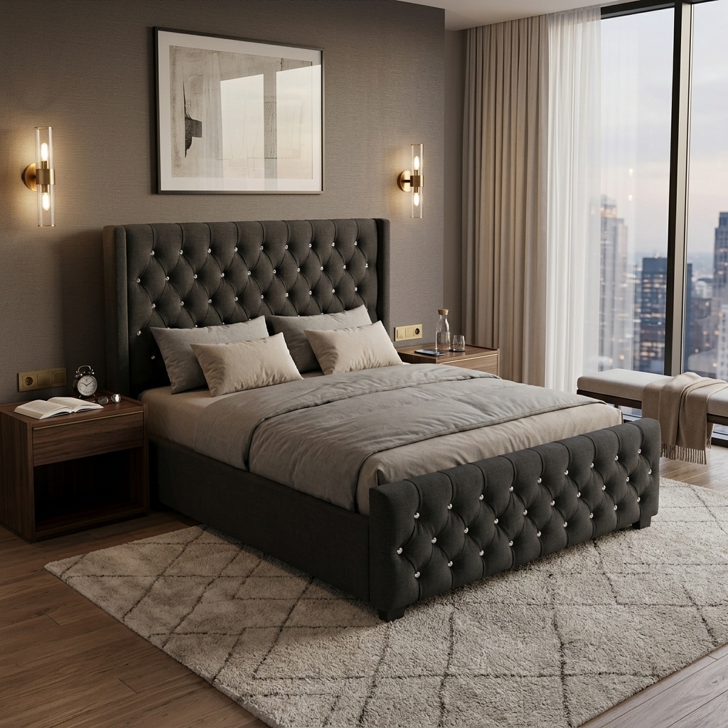 Charcoal upholstered bed handcrafted in Kenya, with a diamond-buttoned winged headboard and matching footboard in a city bedroom