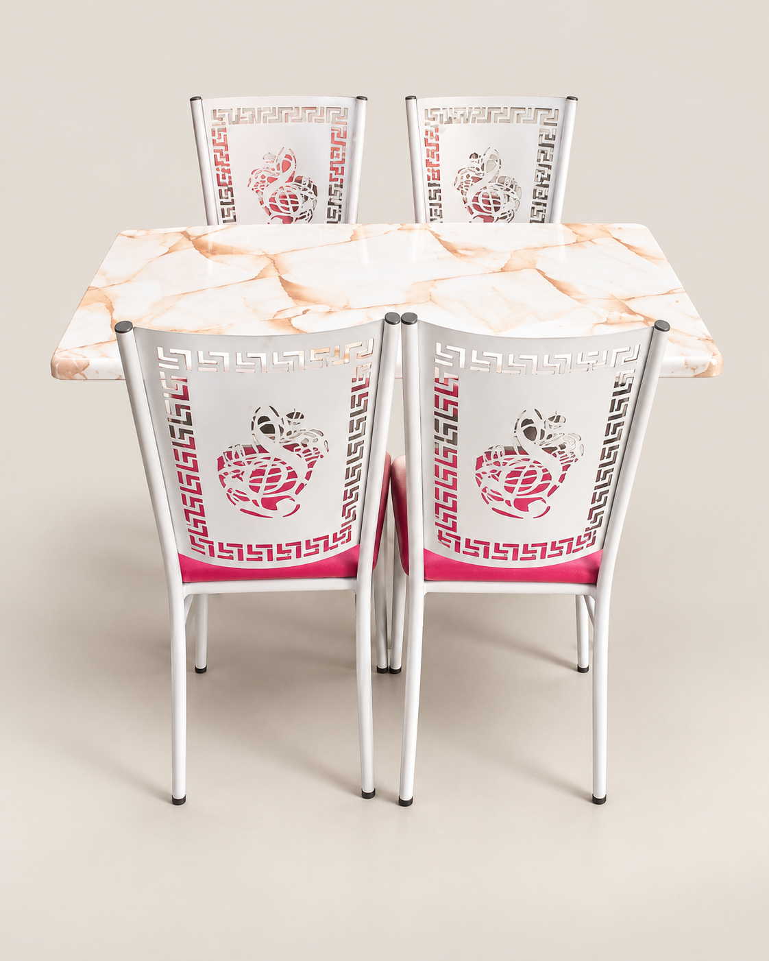 Four-seater metal dining table and chairs set from Kenya, marble-effect top with white and pink cut-out chair backs