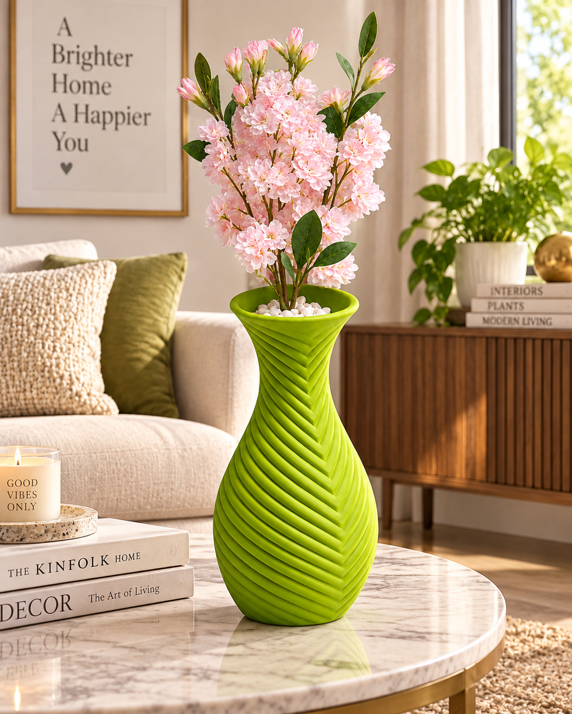 Tall lime green clay vase planter from Kenya with herringbone ridges and flared rim, holding pink blossom on a marble table
