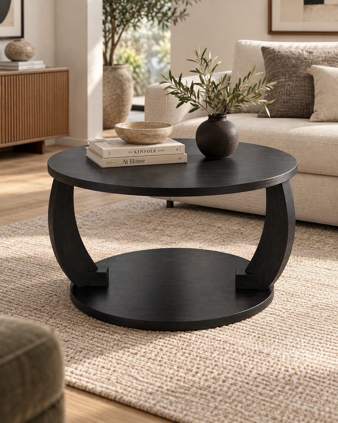 Round black coffee table handcrafted in Kenya, with curved legs and a lower shelf, on a jute rug beside a cream sofa