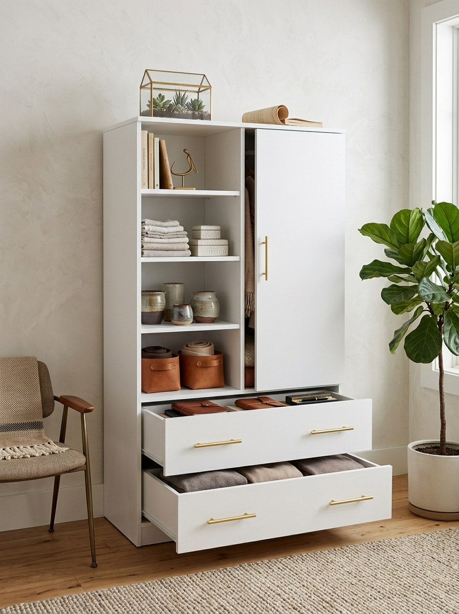 Tall white wardrobe handmade in Kenya with four open shelves, a flush door, brass-toned pulls and two open drawers