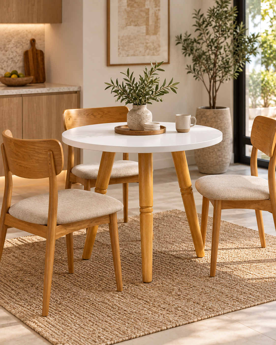 Round dining table handcrafted in Kenya with a pale white top and turned honey-toned mahogany legs, on a woven rug