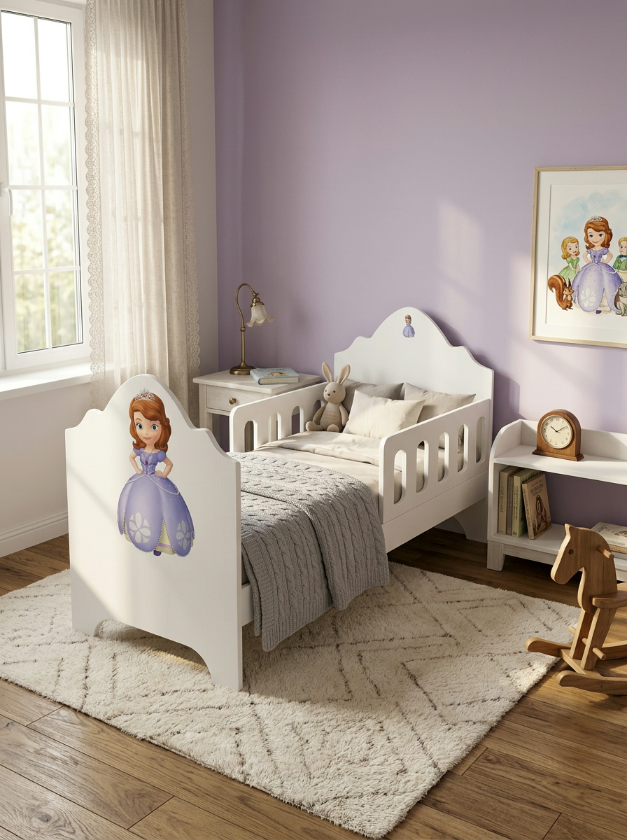 White board children's bed handcrafted in Kenya, with scalloped headboard, princess motif and slatted side rail in a lilac room