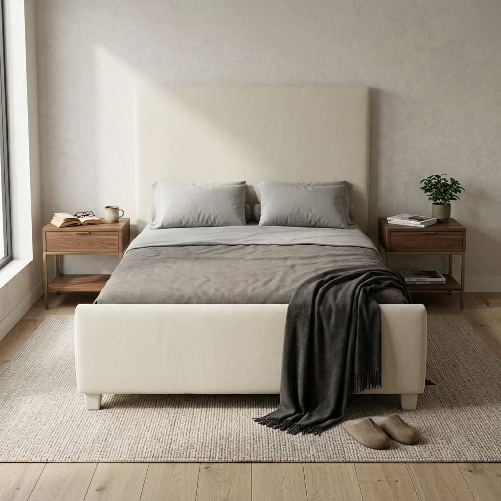 Cream upholstered bed handcrafted in Kenya, tall plain headboard and low curved footboard, grey bedding and timber nightstands