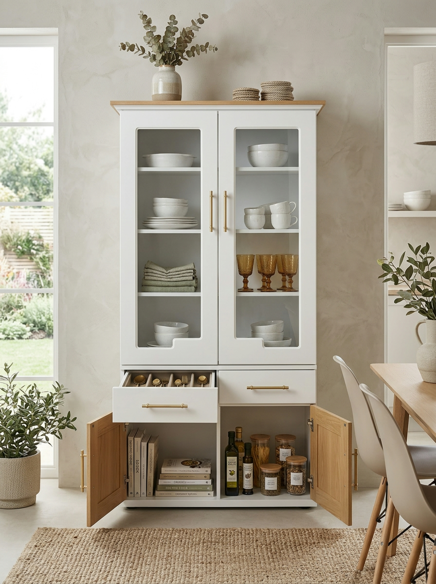 Tall off-white dresser cabinet handcrafted in Kenya, with glazed doors showing crockery, two brass-handled drawers and timber cupboard doors below