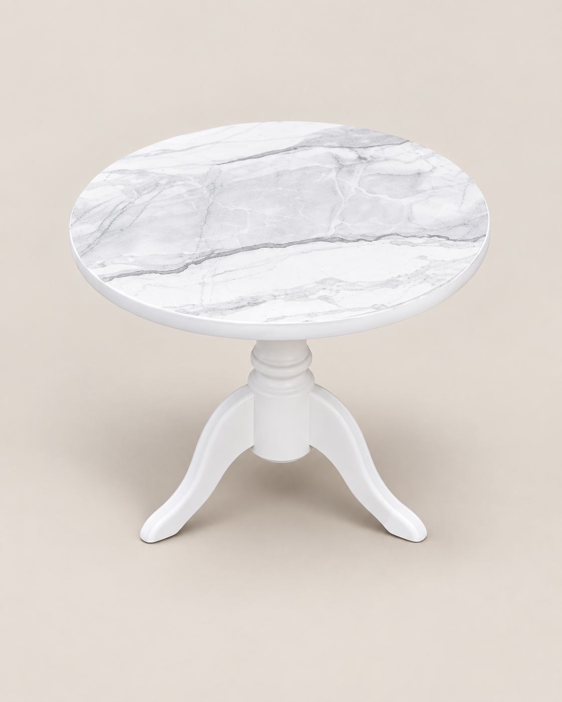 Round outdoor table handcrafted in Kenya, grey-veined marbled white top on a turned white pedestal with three curved legs