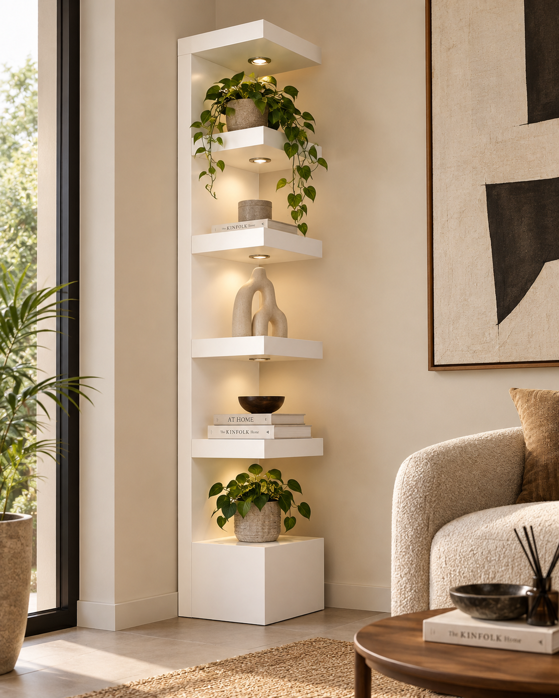 White stepped corner shelf from Kenya with five lit platforms holding trailing plants, books and a pale ceramic sculpture