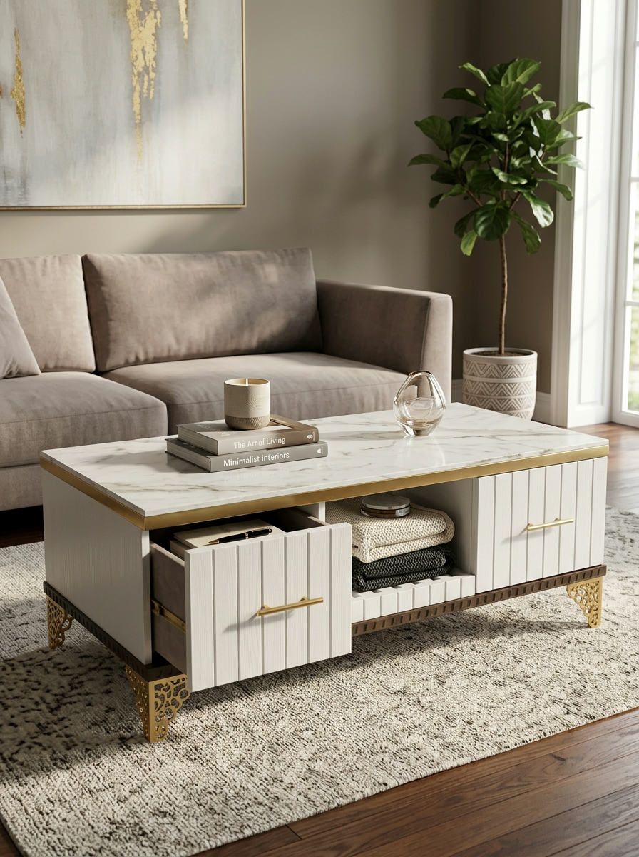 Kenyan marble coffee table with white fluted drawers, gold trim and an open shelf, styled with books beside a grey sofa
