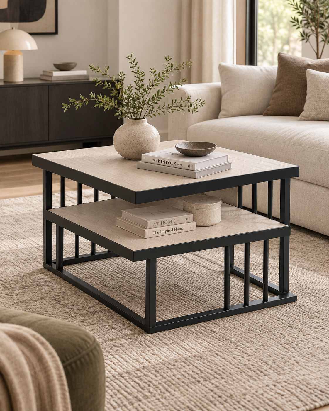 Square two-tier coffee table from Kenya with pale board tops and a black metal bar frame, styled with books and a vase