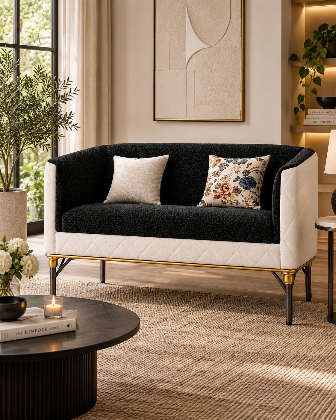 Two-seater sofa handcrafted in Kenya with black textured seat, quilted cream outer shell, brass-toned rail and dark tapered legs