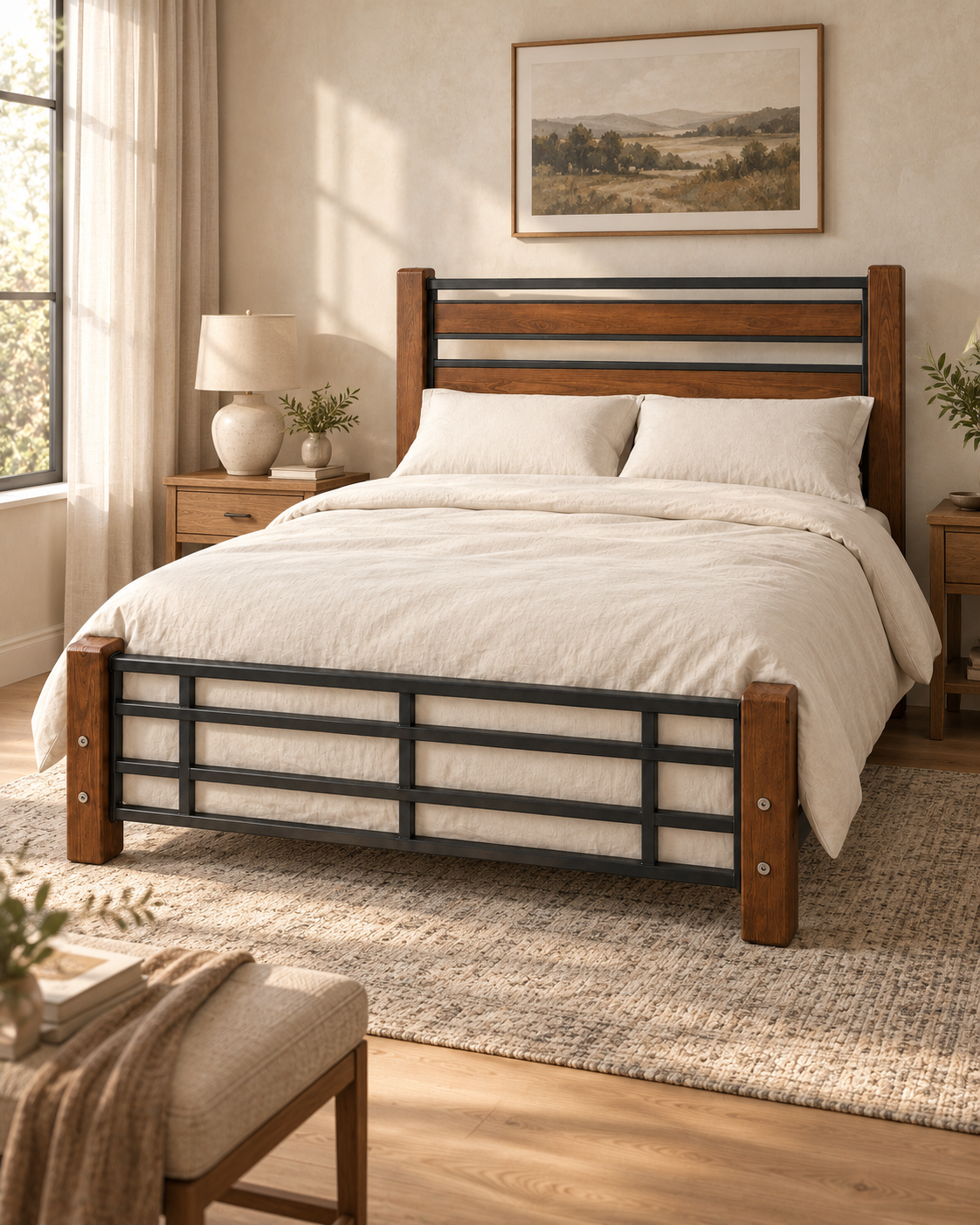 Slatted metal bed frame handcrafted in Kenya, with dark horizontal bars, warm brown timber corner posts and cream linen bedding
