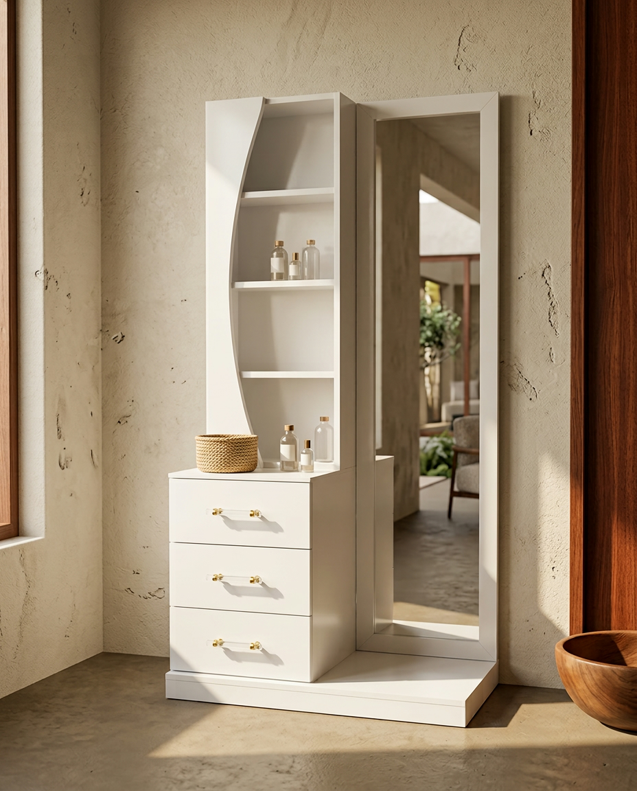White dressing unit from Kenya with three brass-pull drawers, curved open shelving and full-length mirror against a plaster wall