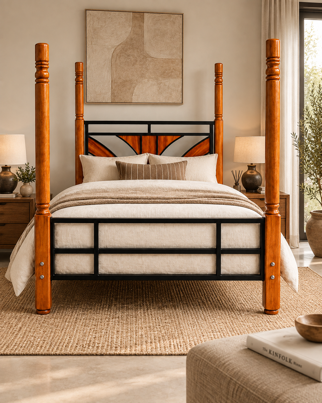 Four-poster metal bed from Kenya with black rails, turned reddish-brown posts and a fan-motif headboard, dressed in cream bedding