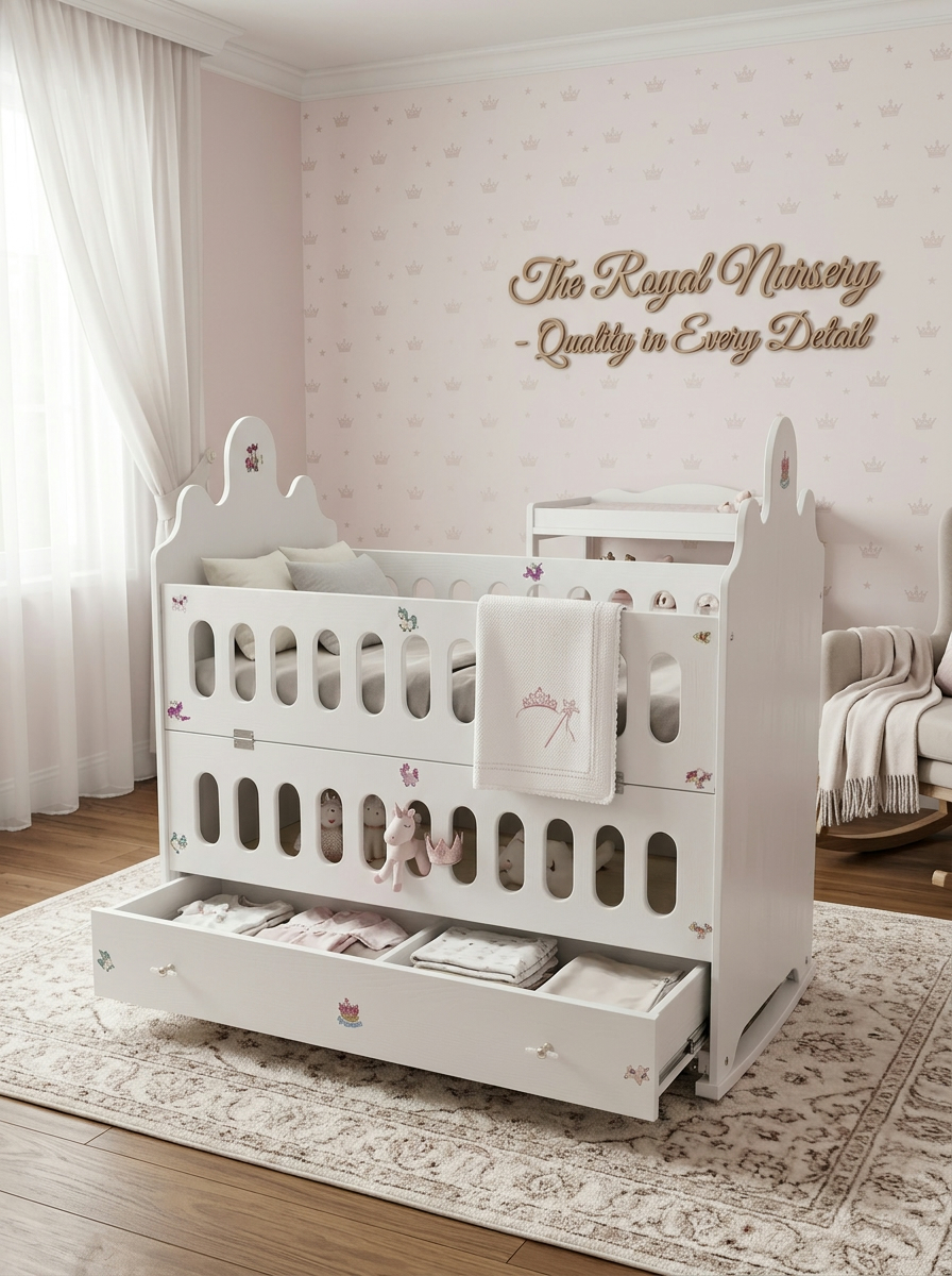 White handcrafted cot bed from Kenya with scalloped ends, oval cut-out side panels, changing shelf and open storage drawer