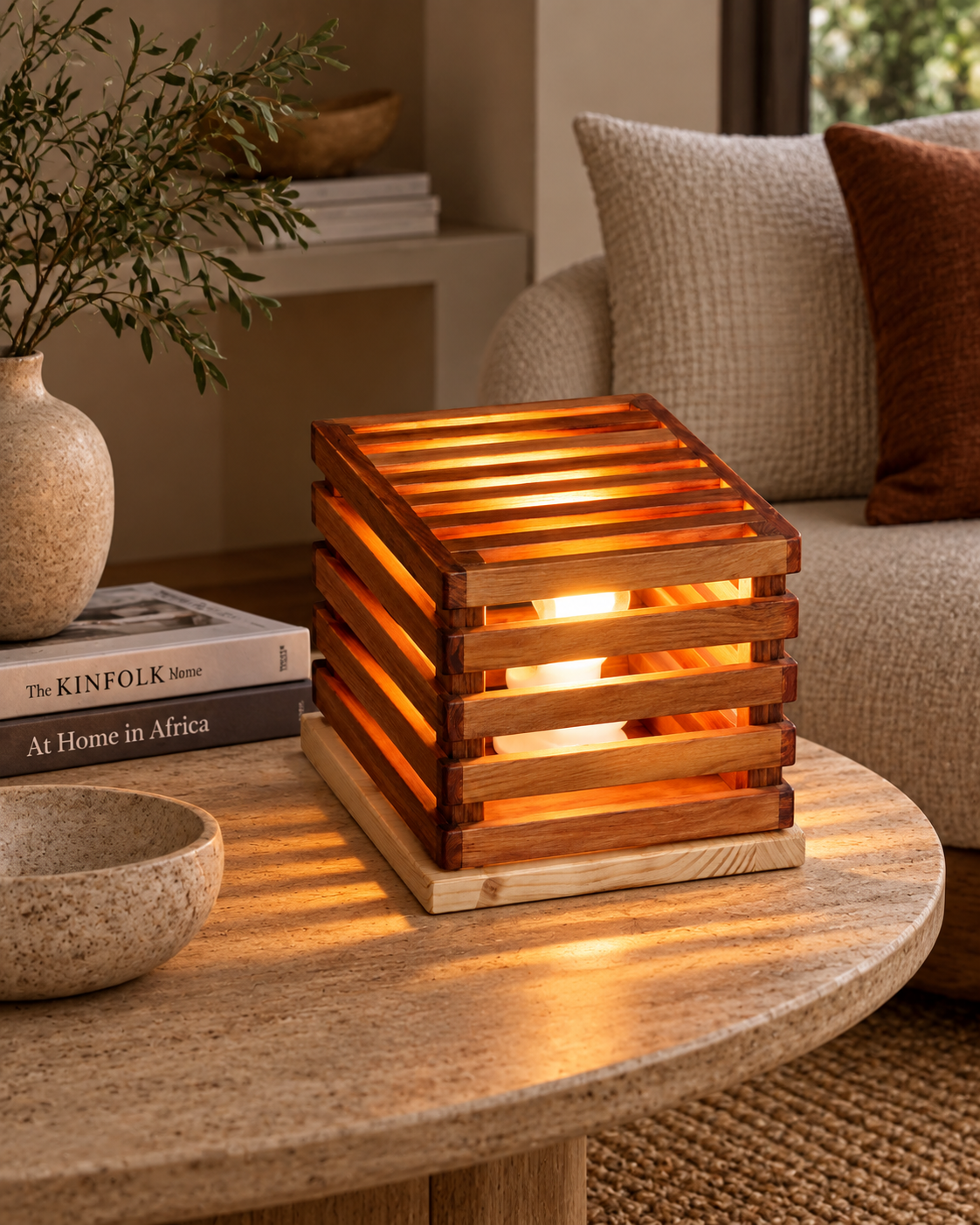 Mahogany slatted cube table lamp from Kenya glowing warmly on a round stone coffee table beside a ceramic bowl